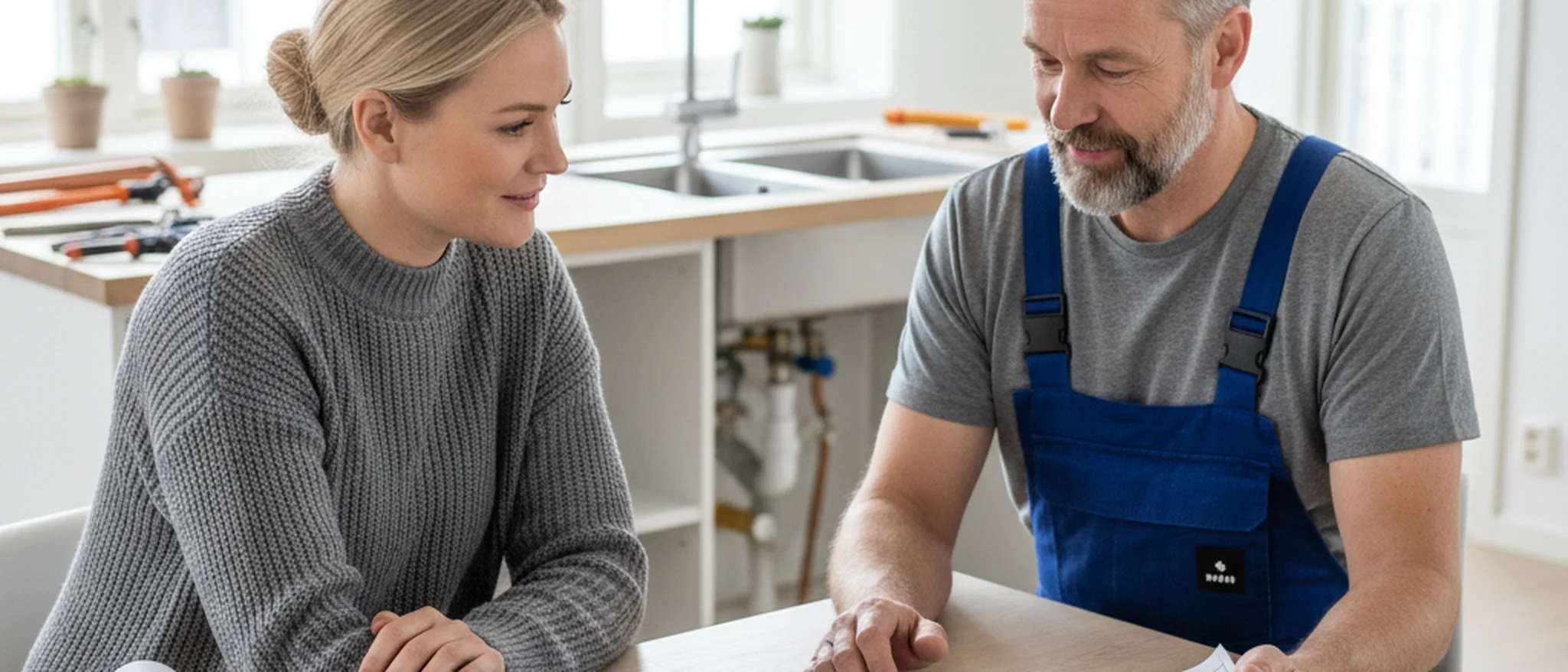Husägare och rörmokare granskar renoveringsritningar vid ett köksbord med verktyg i bakgrunden