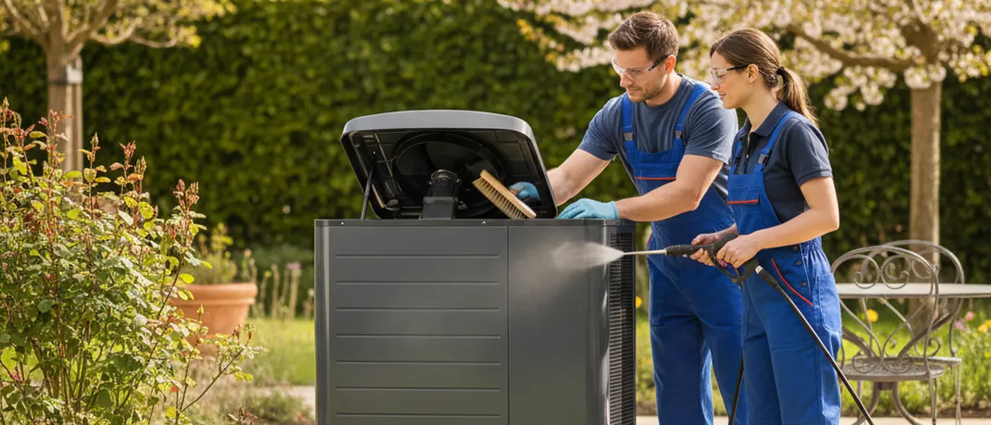 Unité extérieure de pompe à chaleur entretenue dans un jardin de maison française au printemps