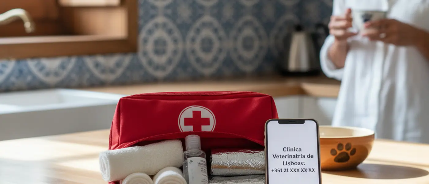 Kit de emergência veterinária numa bancada, com compressas, soro fisiológico e manta térmica