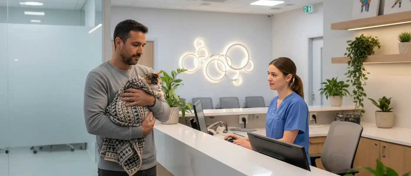 Tutor preocupado segurando um gato envolto em manta na receção de um hospital veterinário noturno