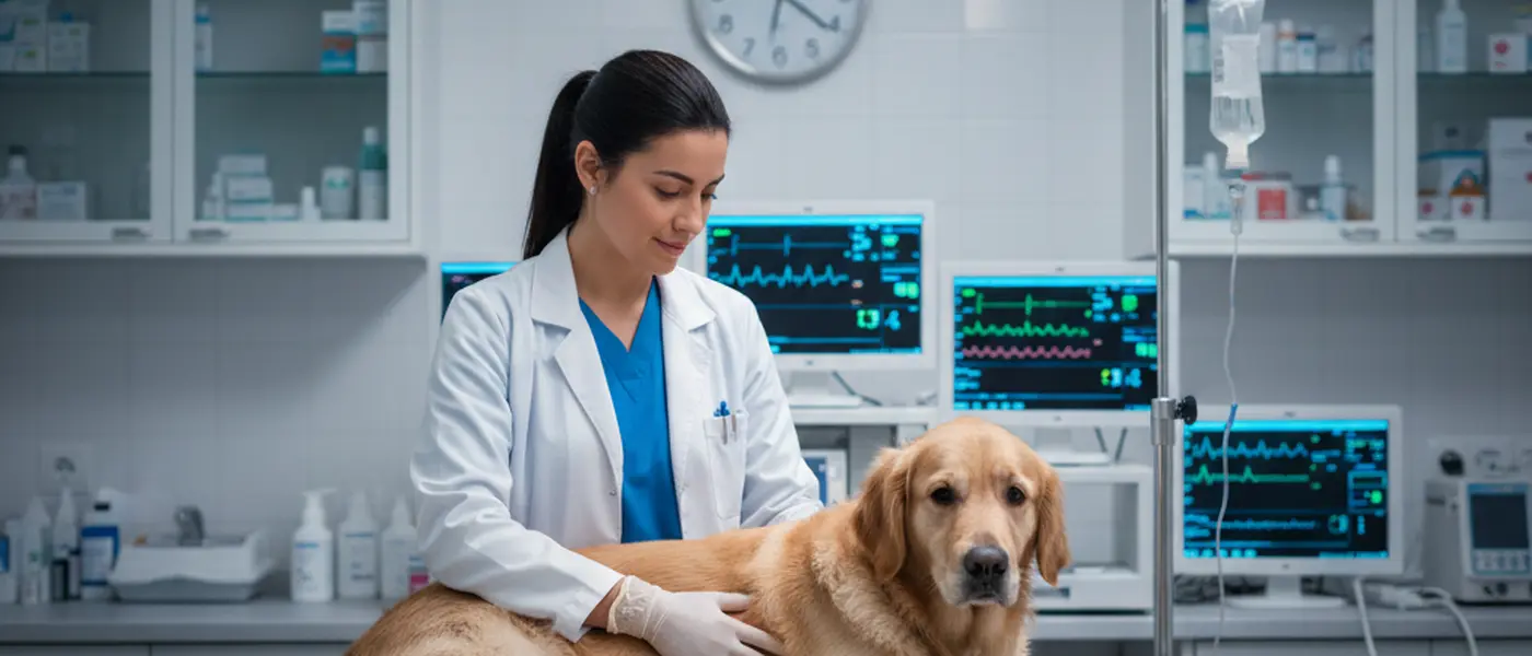 Veterinária examinando um golden retriever numa sala de urgências veterinárias moderna à noite