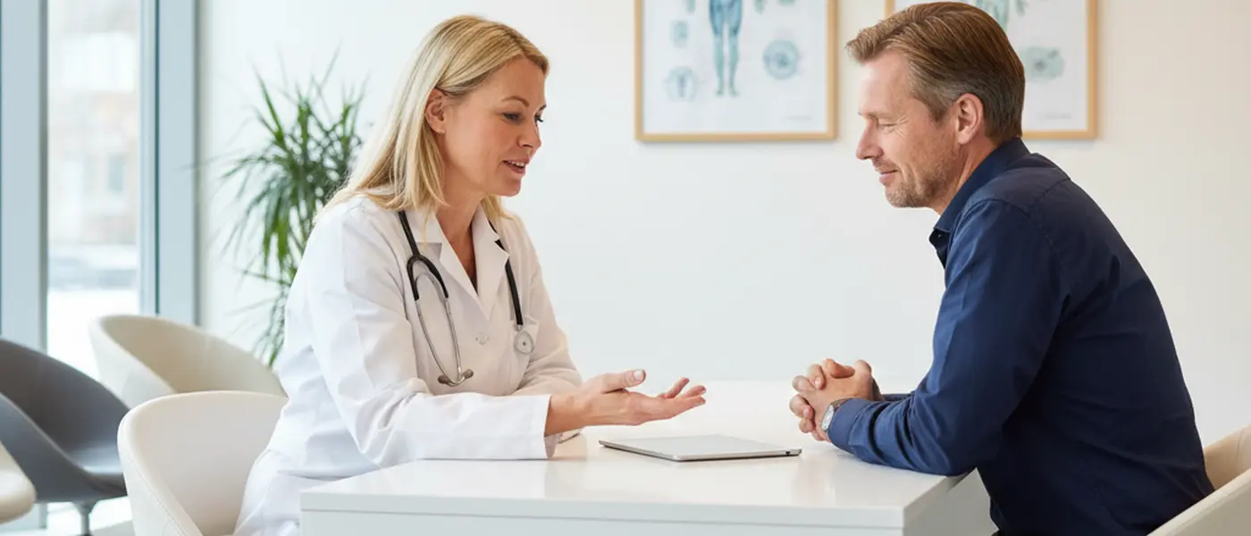 Läkare konsulterar en patient vid ett skrivbord på en modern svensk vårdcentral