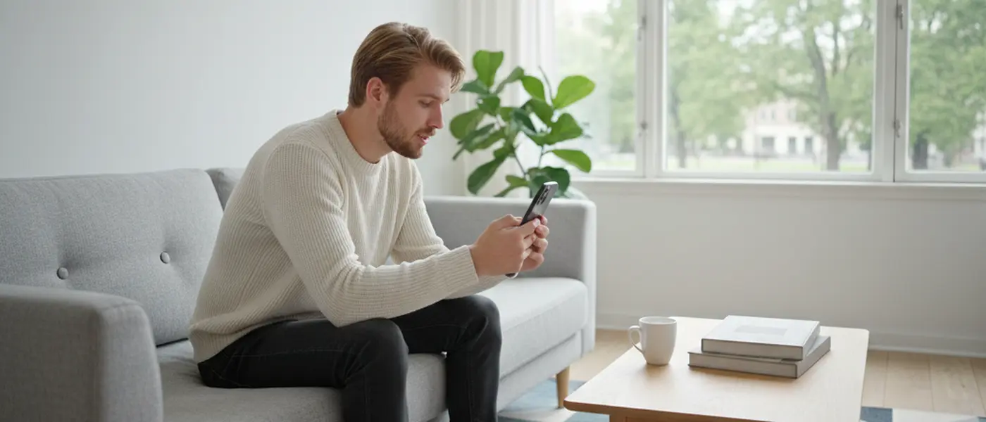 Ung man använder smartphone för digital läkarkonsultation i modern lägenhet