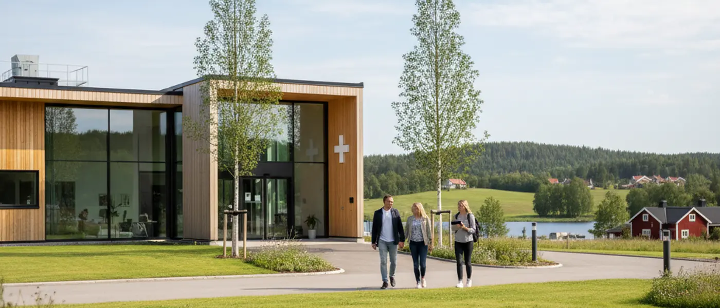 Kvinna väntar i ljust och modernt väntrum på en svensk vårdcentral