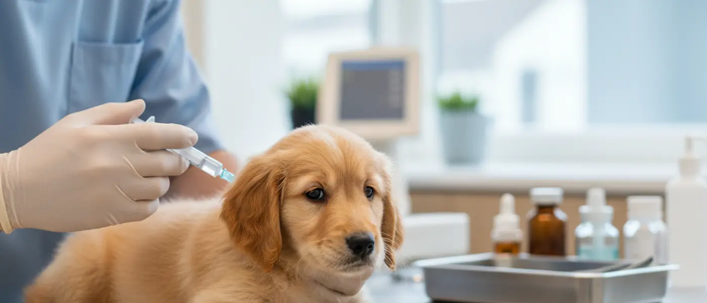 Dierenarts vaccineert een puppy op de onderzoekstafel
