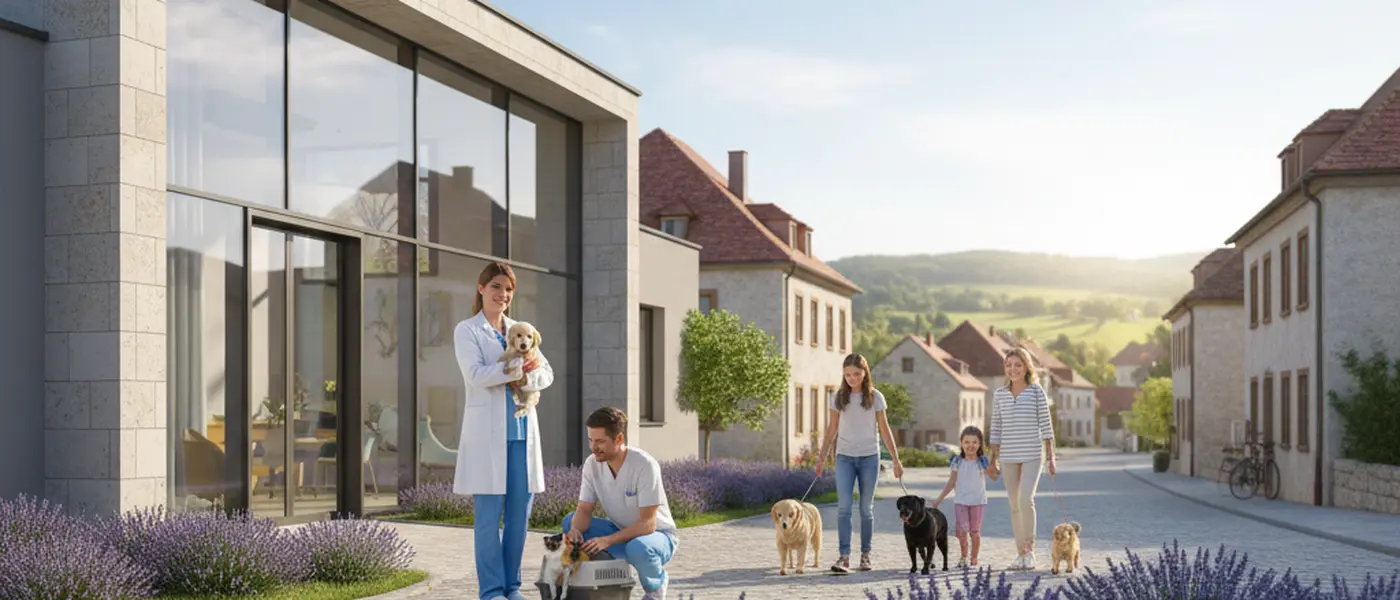 Nederlandse dierenarts onderzoekt een golden retriever in een moderne kliniek terwijl de eigenaar toekijkt