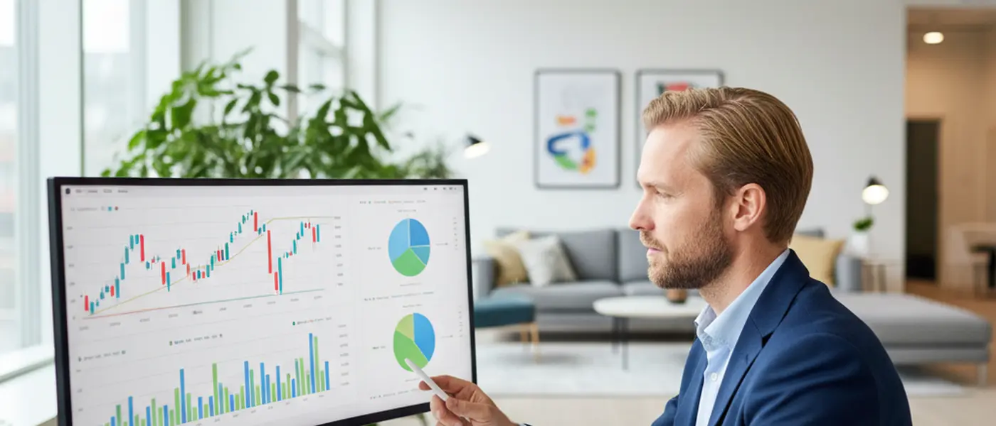 Rådgivare granskar en diversifierad investeringsportfölj med aktie- och obligationsallokeringar på skärm