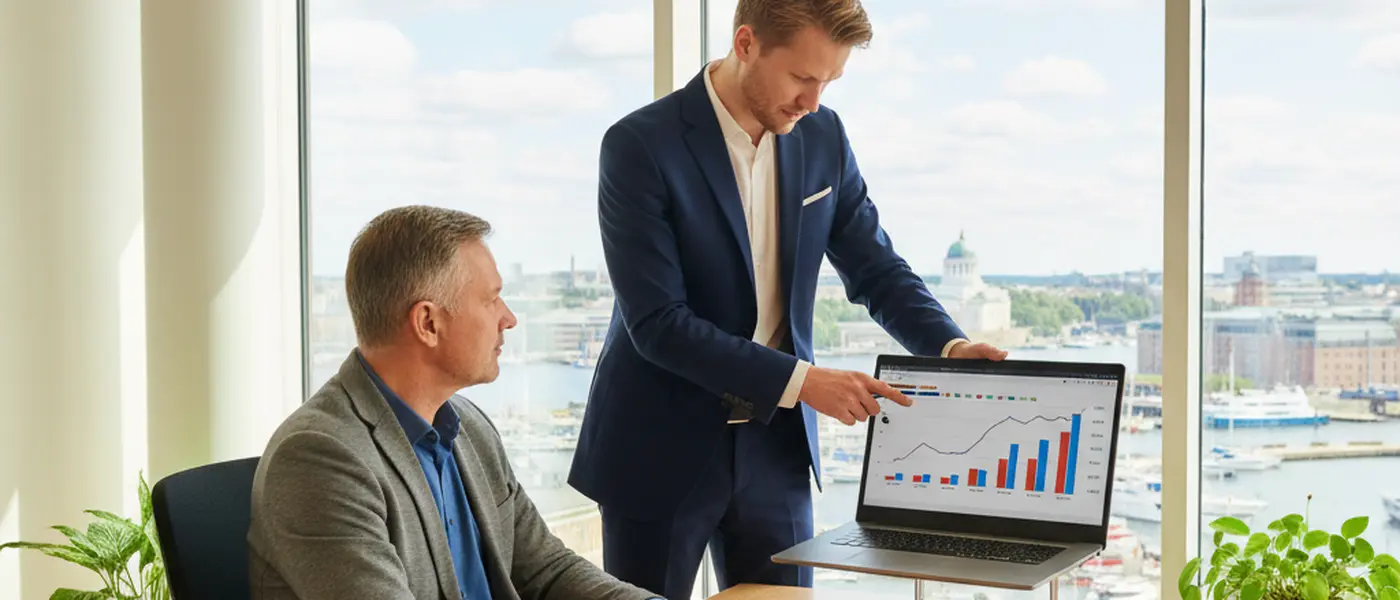Suomalainen varallisuudenhoitaja näyttää sijoitussalkkua koskevaa grafiikkaa kannettavan tietokoneen näytöltä asiakkaalle modernissa helsinkiläisessä toimistossa