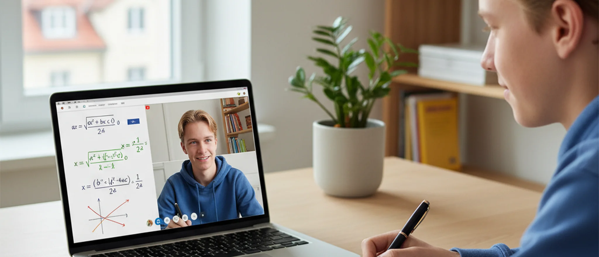 Schüler bei einer Online-Mathe-Nachhilfestunde mit digitalem Whiteboard und quadratischen Gleichungen