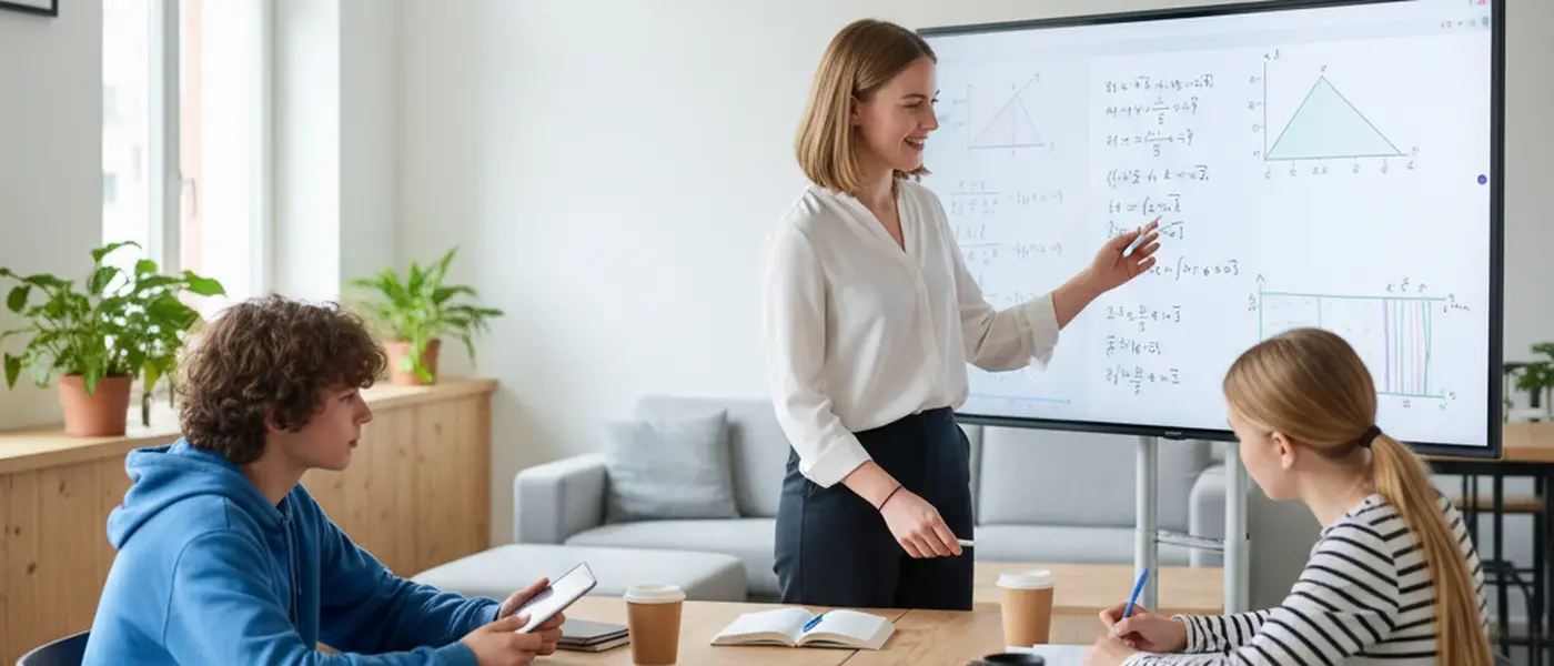 Schülerin und Nachhilfelehrerin lösen gemeinsam Matheaufgaben an einem Holztisch in einem hellen Arbeitszimmer