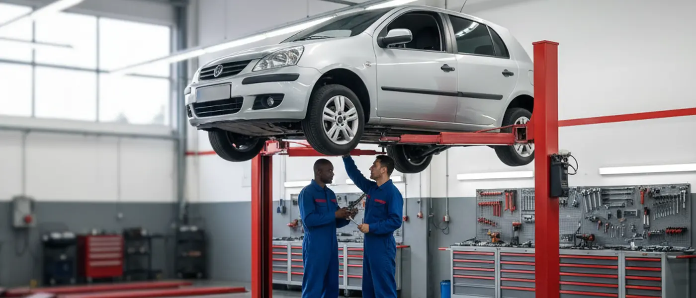 Elevador hidráulico levantando um sedã em oficina mecânica moderna e organizada no Brasil