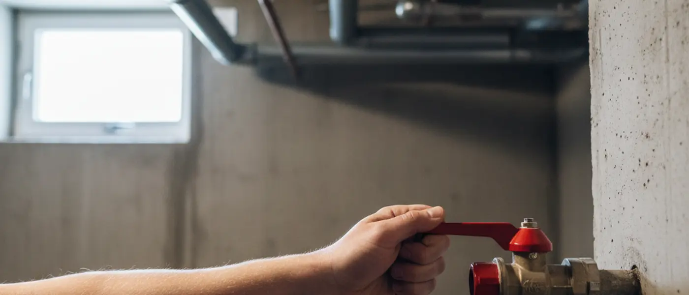 Hånd som skrur igjen en rød hovedkran i et norsk teknisk rom med synlige kobberrør