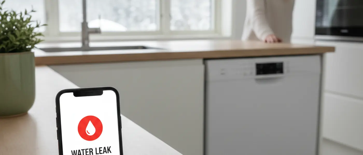 Smarttelefon med vannlekkasjealarm på kjøkkenbenken ved siden av en moderne oppvaskmaskin i et skandinavisk hjem