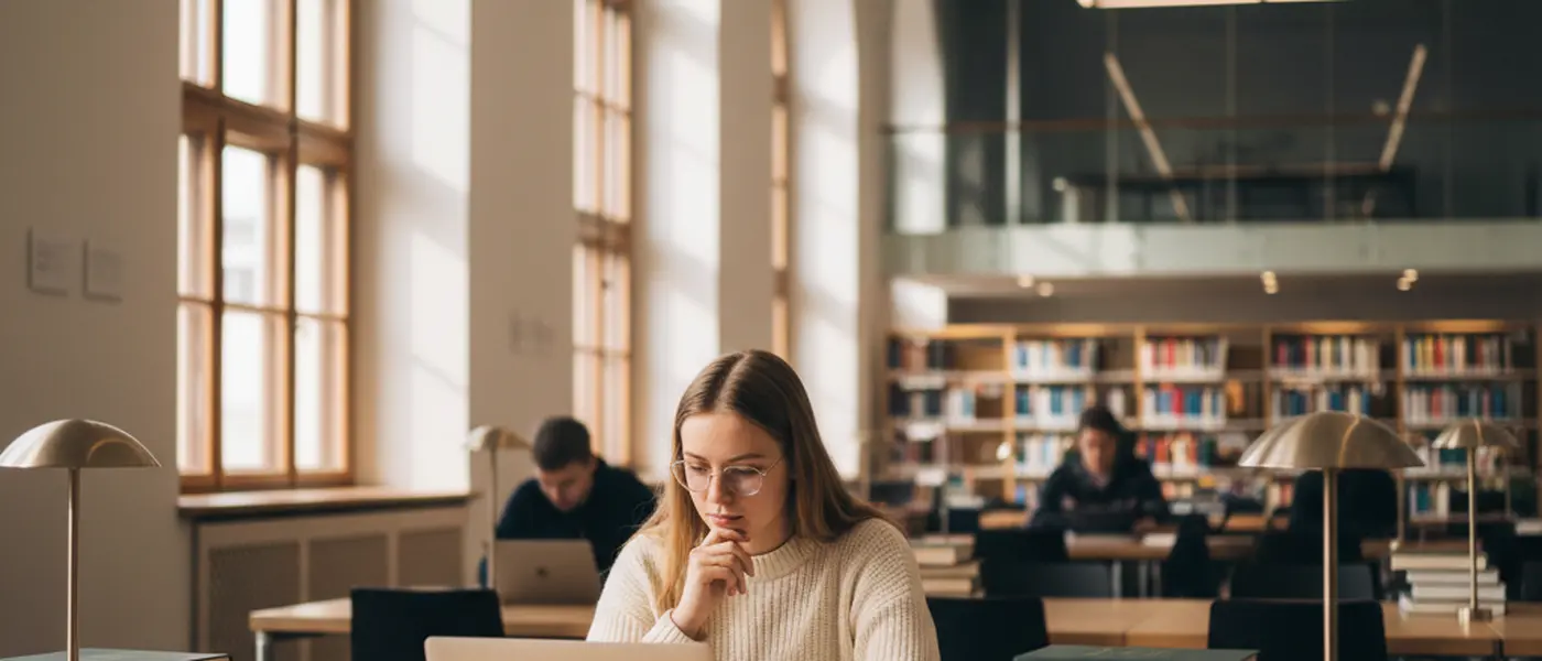 Suomalainen oikeustieteen opiskelija lukemassa lakikirjoja Helsingin yliopiston kirjastossa