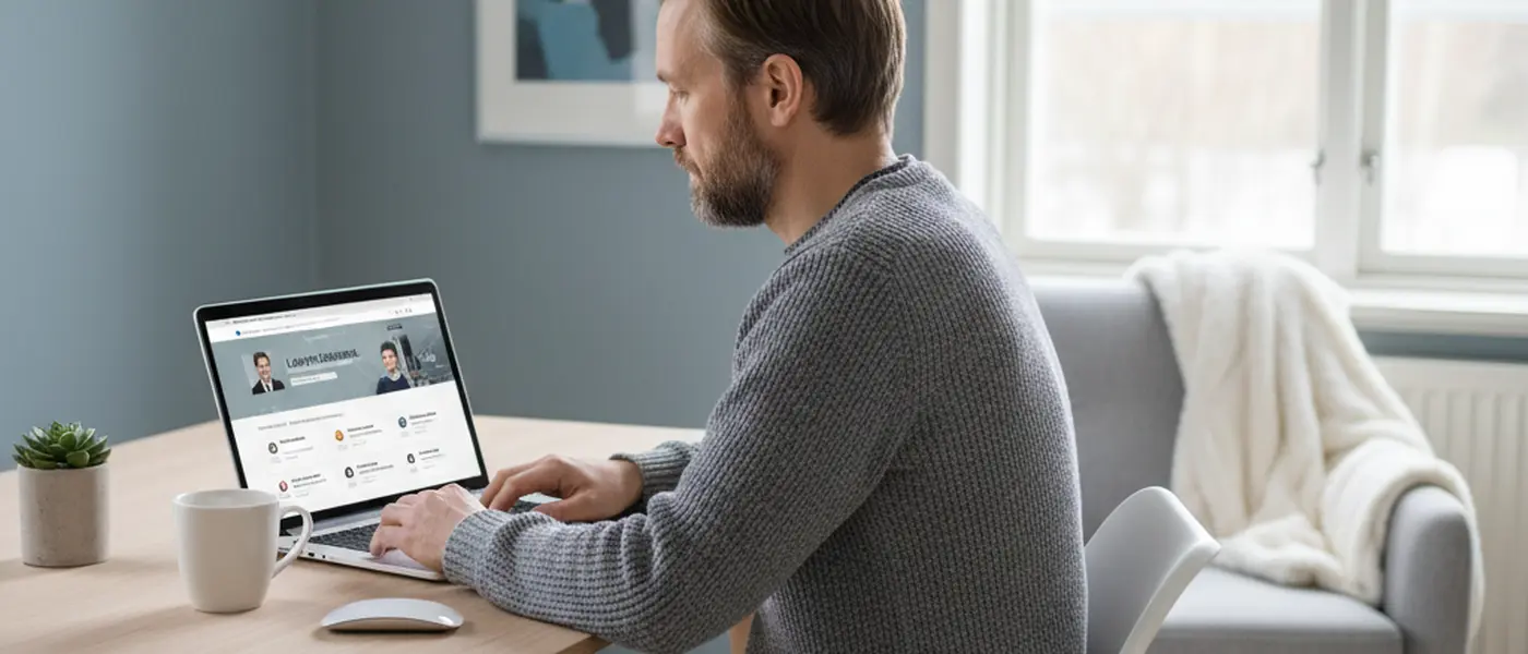 Suomalainen henkilö etsimässä asianajajaa kannettavalla tietokoneella kotitoimistossa