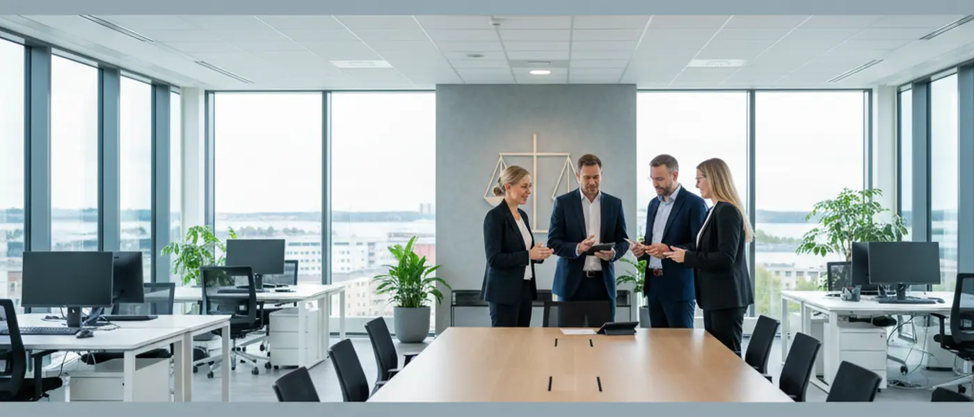 Suomalainen asianajaja tarkastelemassa juridisia asiakirjoja modernissa helsinkiläisessä lakitoimistossa