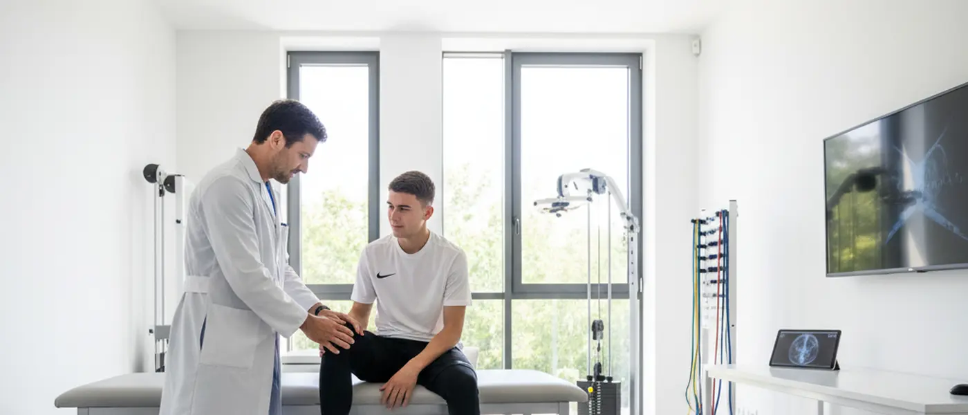 Medico sportivo italiano esamina il ginocchio di un giovane calciatore in una clinica sportiva moderna