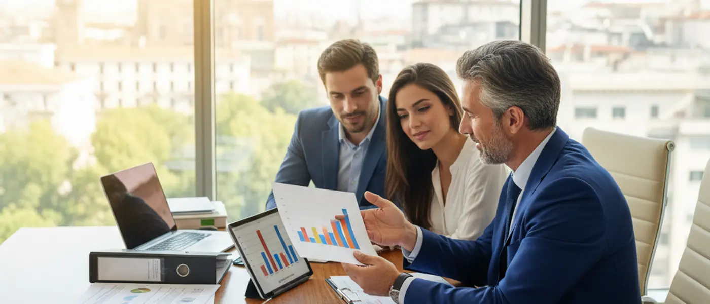 Consulente assicurativo italiano spiega i dettagli di una polizza a una giovane coppia in un ufficio moderno