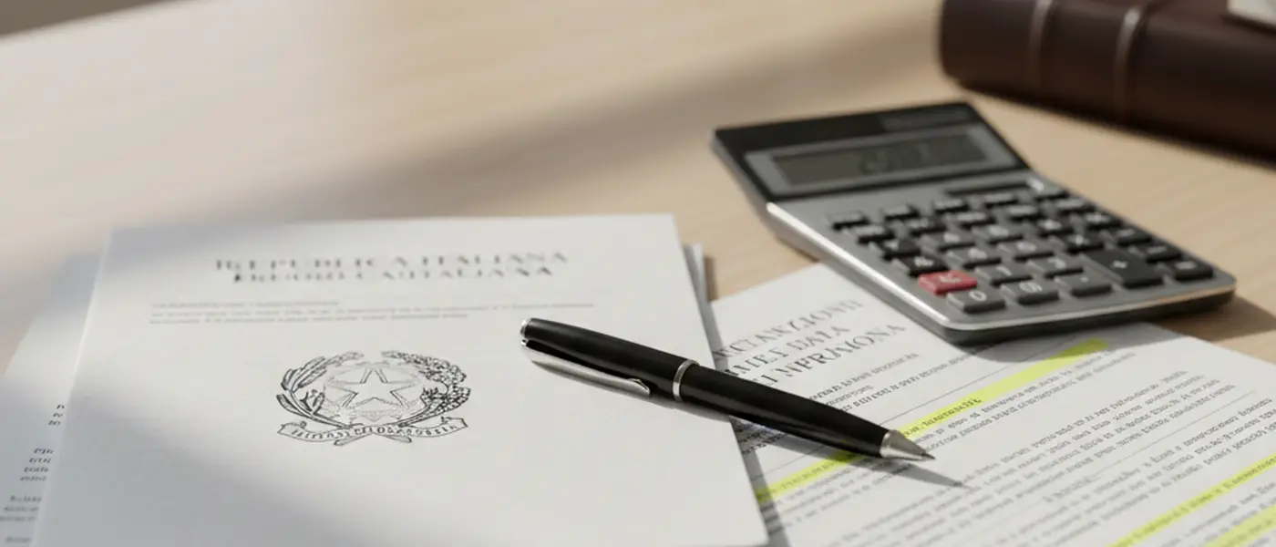 Documenti di contratto assicurativo con penna e calcolatrice su una scrivania di legno, luce naturale