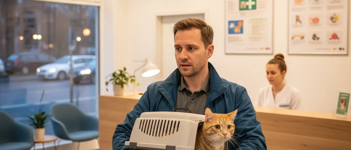 Tierbesitzer mit Katze in Transportbox am Empfang einer tierärztlichen Notfallklinik