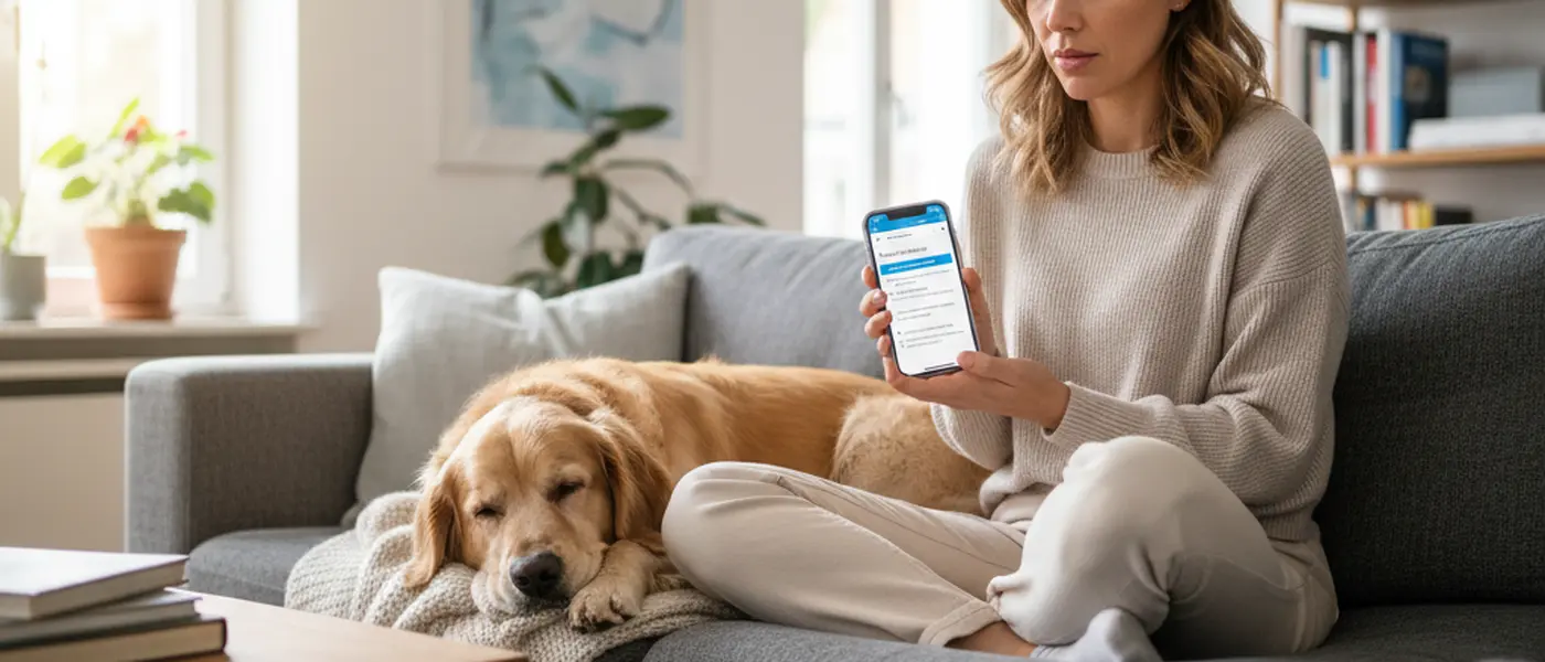 Person sucht auf dem Smartphone nach tierärztlichem Notdienst, Hund liegt daneben auf dem Sofa