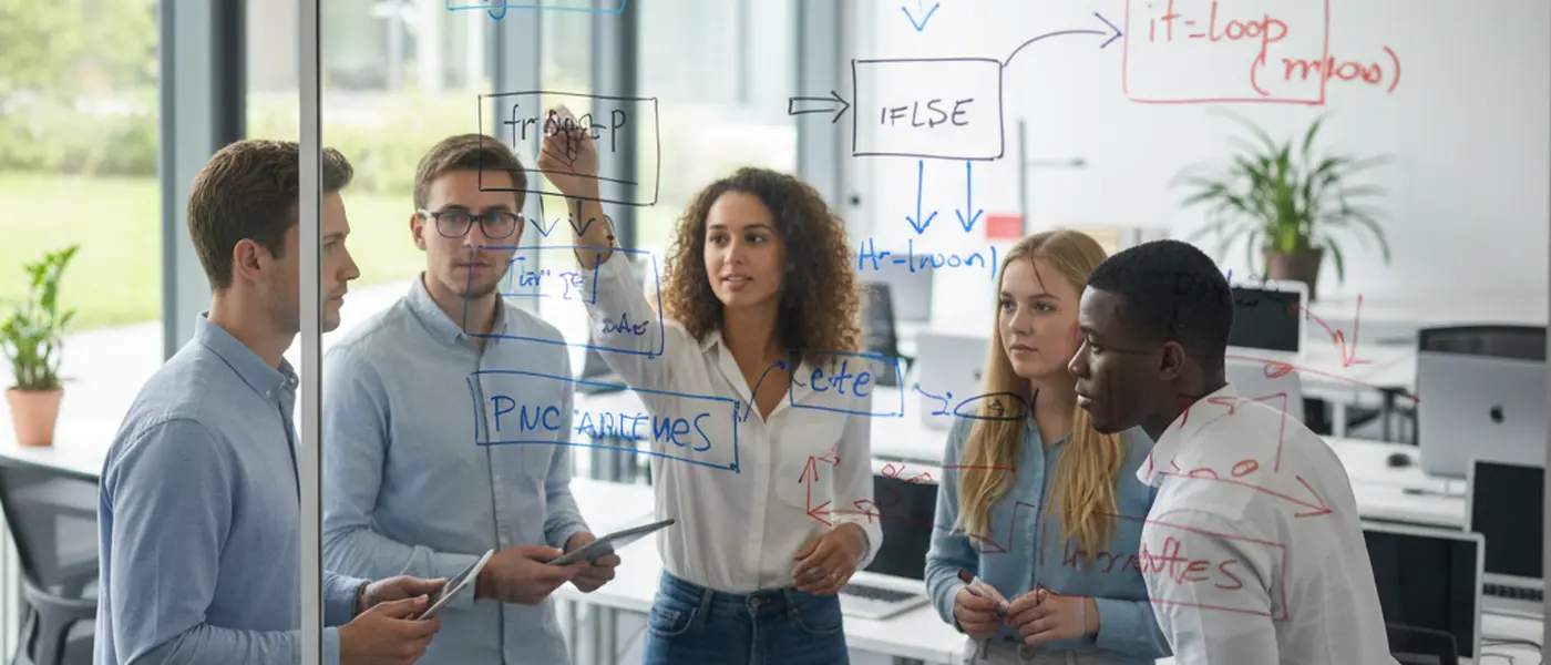 Informatik-Studierende arbeiten gemeinsam an Algorithmen und Programmieraufgaben in einem Universitätslabor