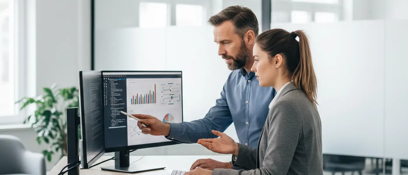 IT-Fachkraft erklärt einem Quereinsteiger Code und Datenvisualisierungen am Arbeitsplatz
