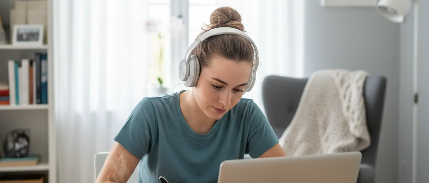 Schülerin nimmt an einer Online-Nachhilfe-Sitzung am Laptop in einem gemütlichen Arbeitszimmer teil