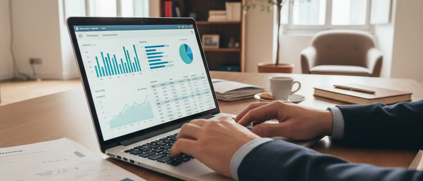 Mani su un laptop con dashboard finanziaria, fatture e ricevute sulla scrivania in un ufficio italiano