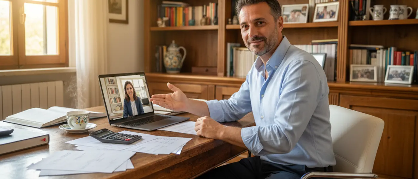 Imprenditore italiano in videocall con un commercialista, documenti e calcolatrice sulla scrivania