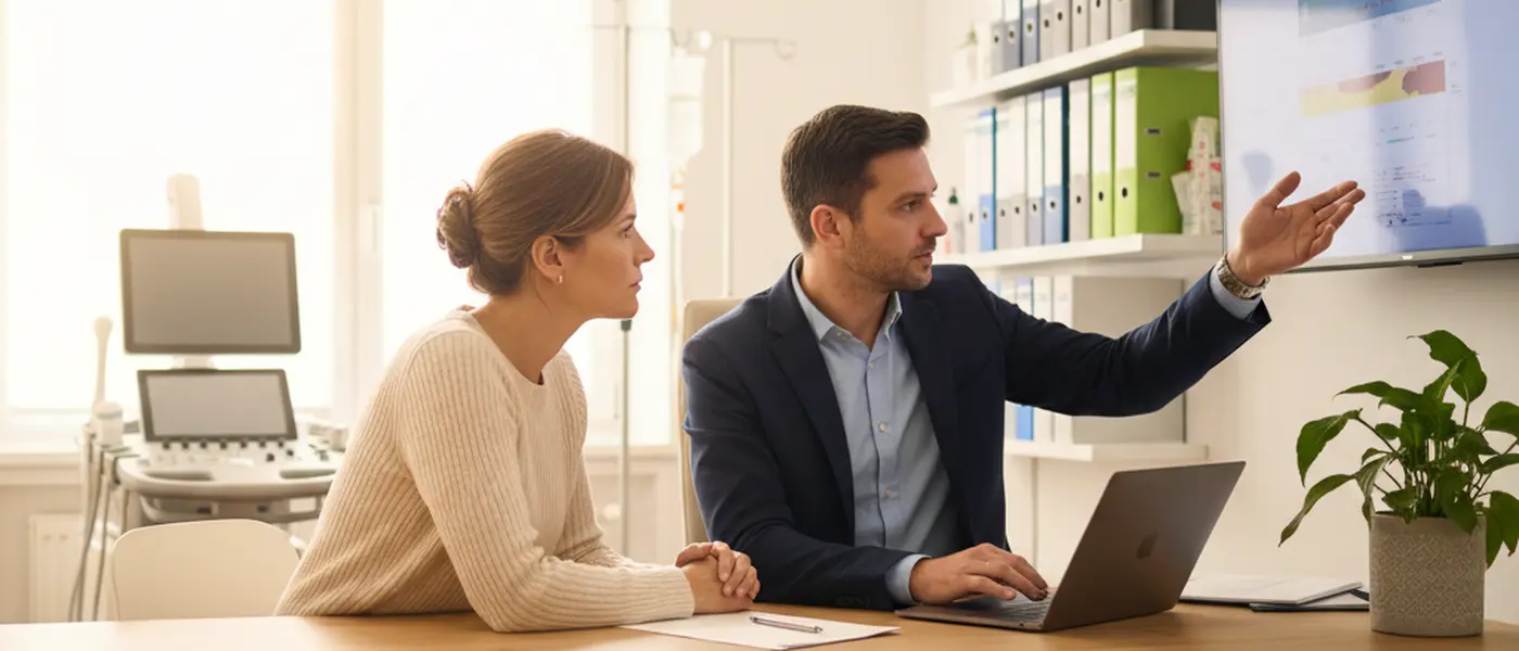 Ärztin zeigt Patientin Blutwerte auf dem Bildschirm in einer deutschen Arztpraxis