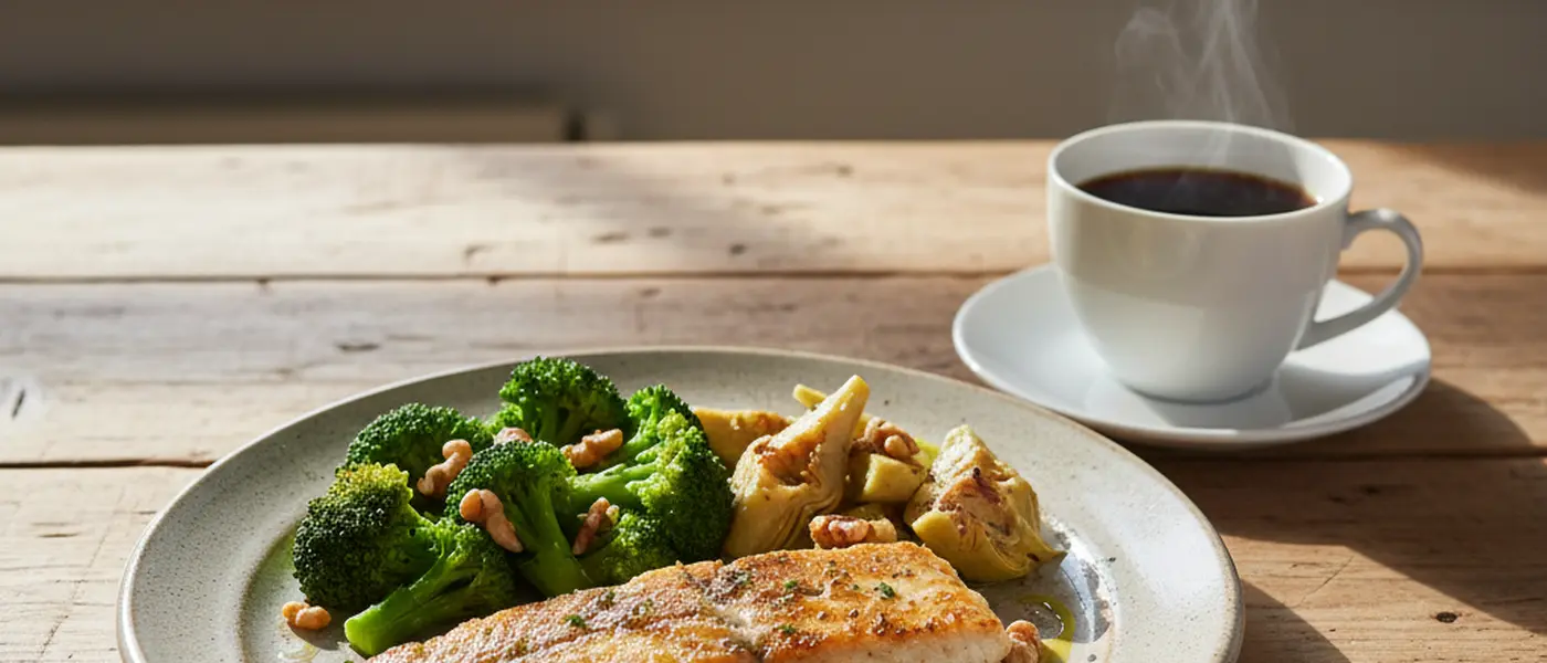 Bunter Teller mit gegrilltem Fisch, Brokkoli, Artischocken und Walnüssen auf einem Holztisch