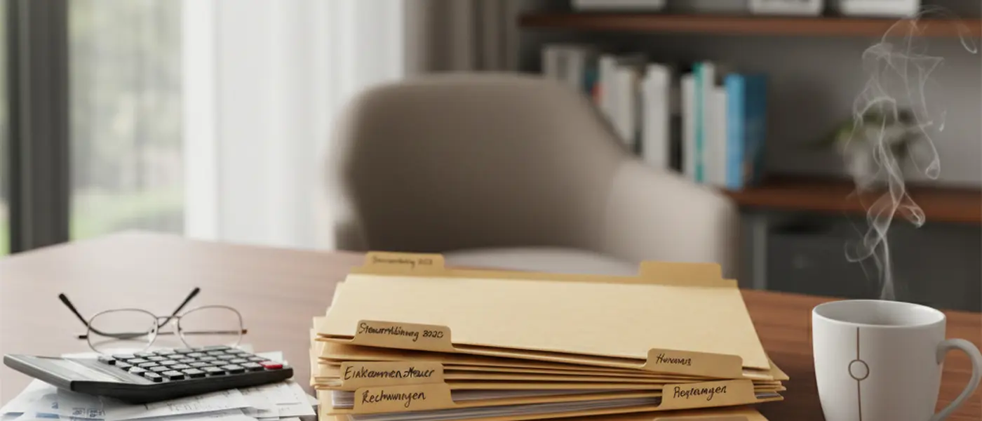 Steuerunterlagen und Ordner übersichtlich sortiert auf einem Schreibtisch mit Taschenrechner und Brille