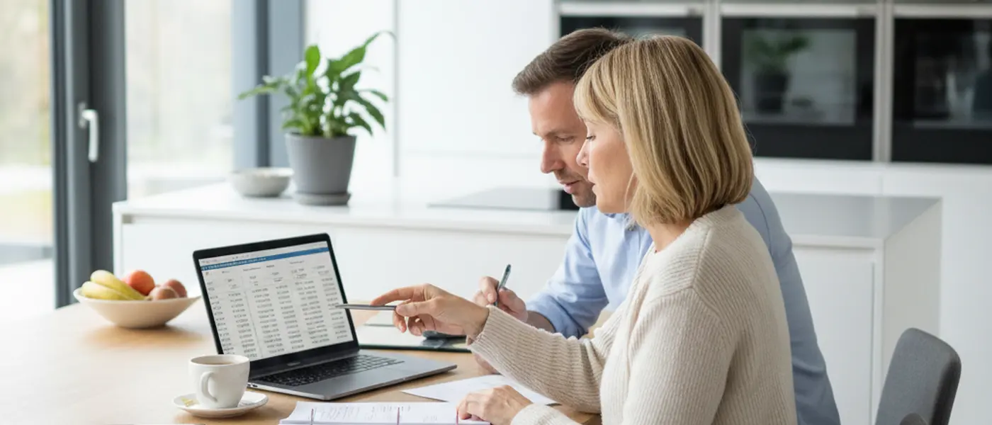 Deutsches Ehepaar prüft gemeinsam Steuerunterlagen am Küchentisch mit Laptop