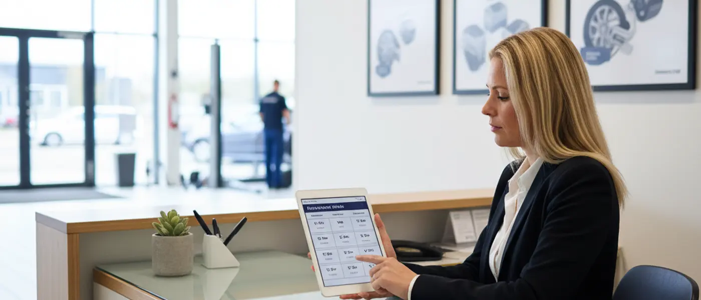 Kvinde sammenligner priser på autoservice på en tablet ved et dansk værksteds reception