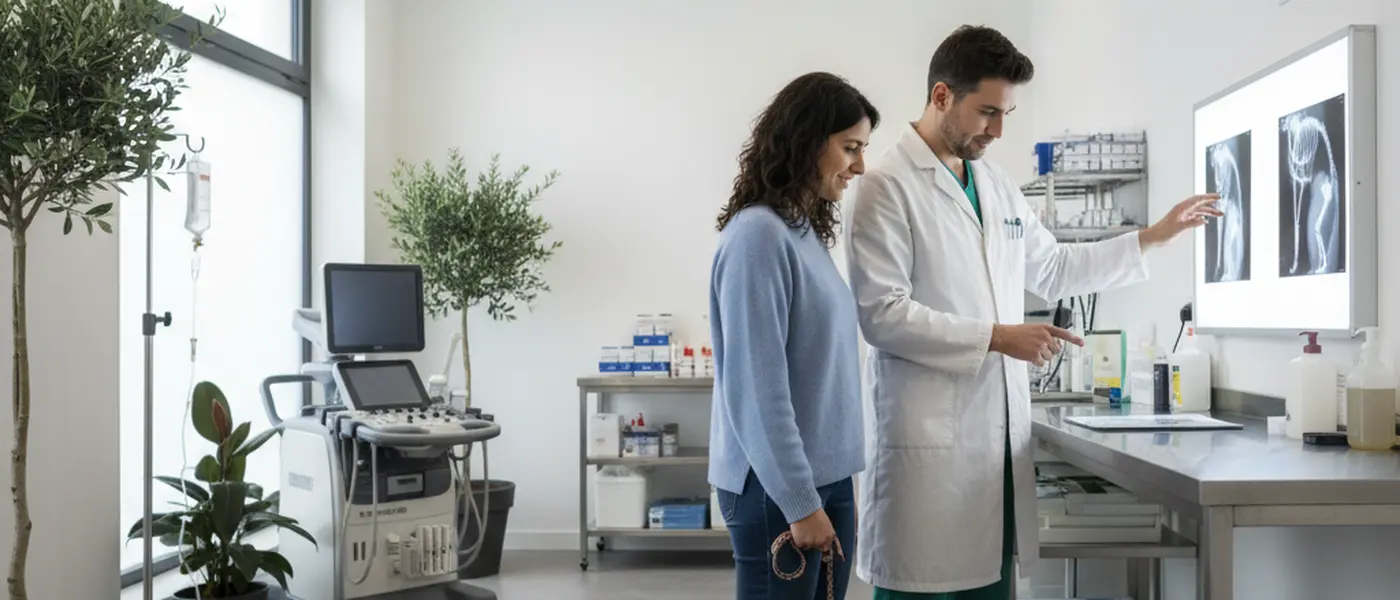Proprietario di un animale che consulta un veterinario specialista davanti a radiografie in una clinica veterinaria italiana