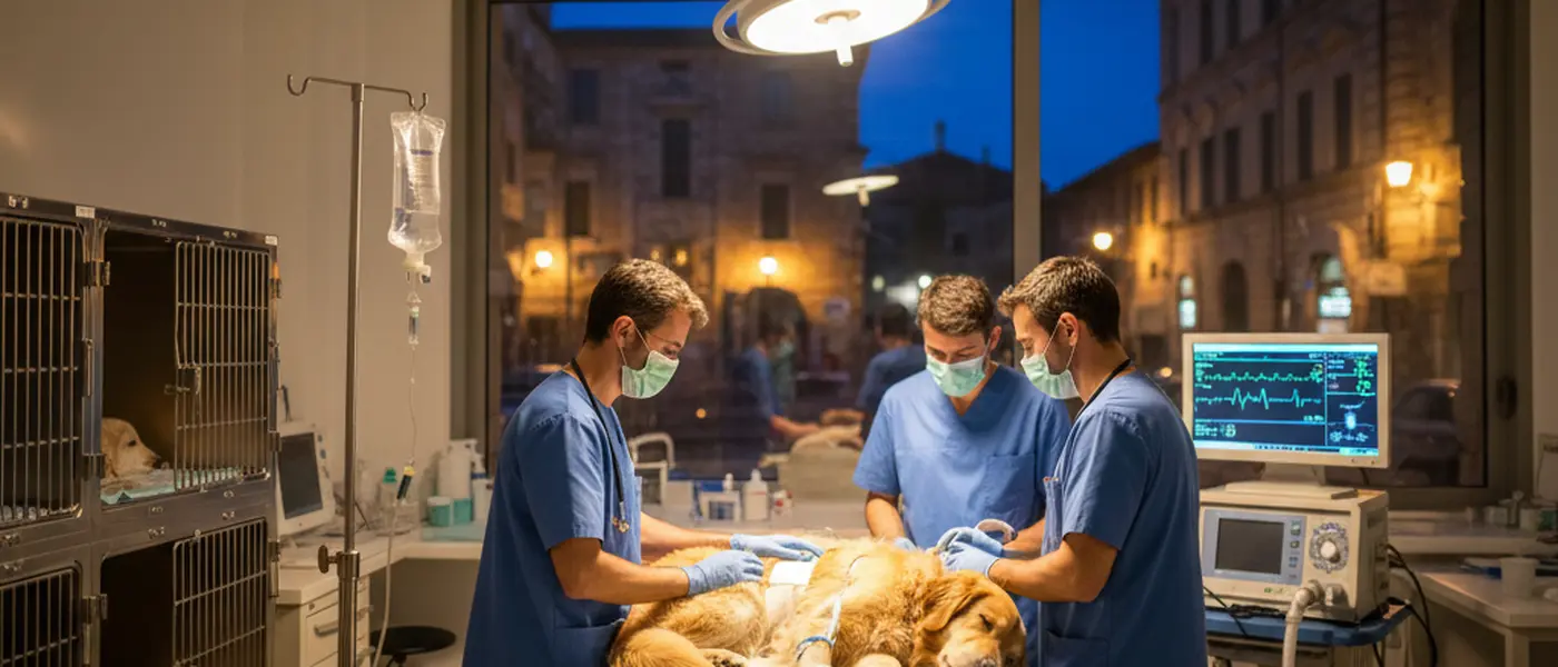 Équipe veterinaria d'emergenza che cura un cane di taglia grande in terapia intensiva con attrezzature di monitoraggio