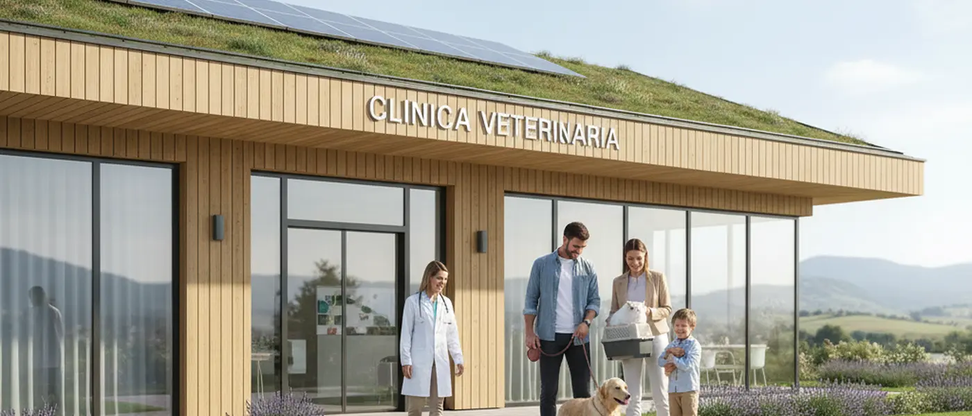 Veterinario italiano che esamina un golden retriever su un tavolo da visita in una clinica veterinaria moderna