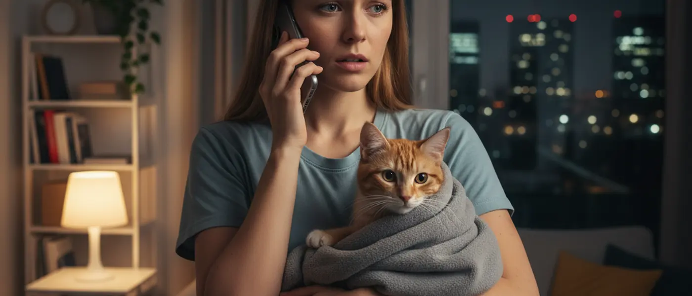 Tierbesitzerin telefoniert besorgt mit einer Katze im Arm in einer deutschen Wohnung bei Nacht