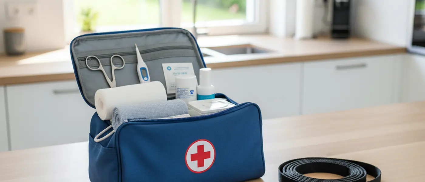 Erste-Hilfe-Set für Haustiere mit Verbandsmaterial, Fieberthermometer und Schere auf einem Küchentisch neben einer Hundeleine