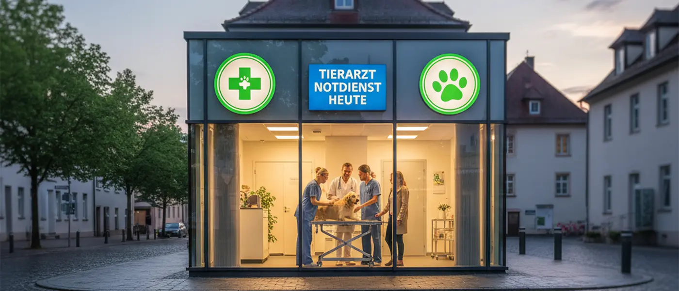 Tierärztin untersucht einen Golden Retriever auf dem Behandlungstisch einer modernen Notfall-Tierklinik bei Nacht