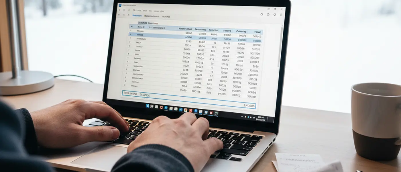 Yrittäjän kädet kirjoittavat taloushallinnon taulukkoa kannettavalla tietokoneella, pöydällä kuitteja ja papereita kotitoimistossa