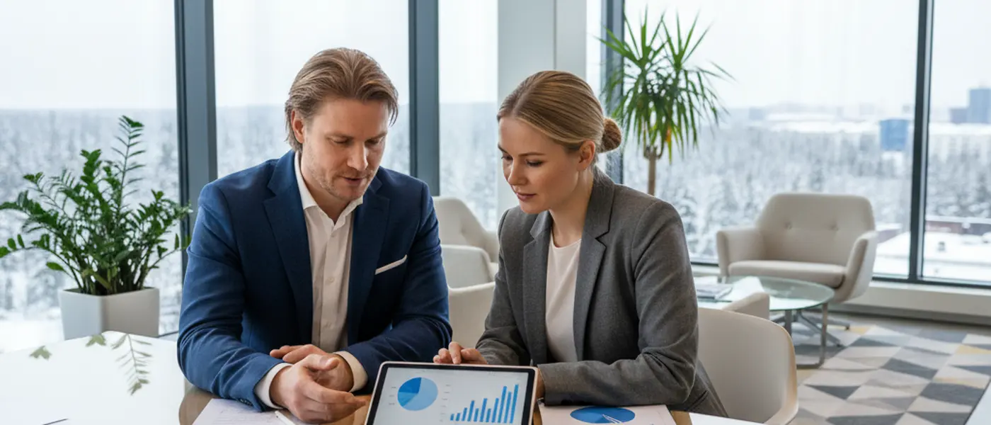 Suomalainen yrittäjä tapaa kirjanpitäjää modernissa tilitoimistossa, molemmat tarkastelevat talousraportteja tabletilla