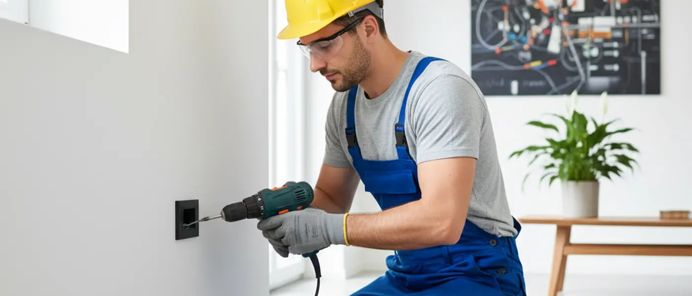 Elektriker installiert einen Lichtschalter in einer modernen Wohnung mit professionellem Werkzeug
