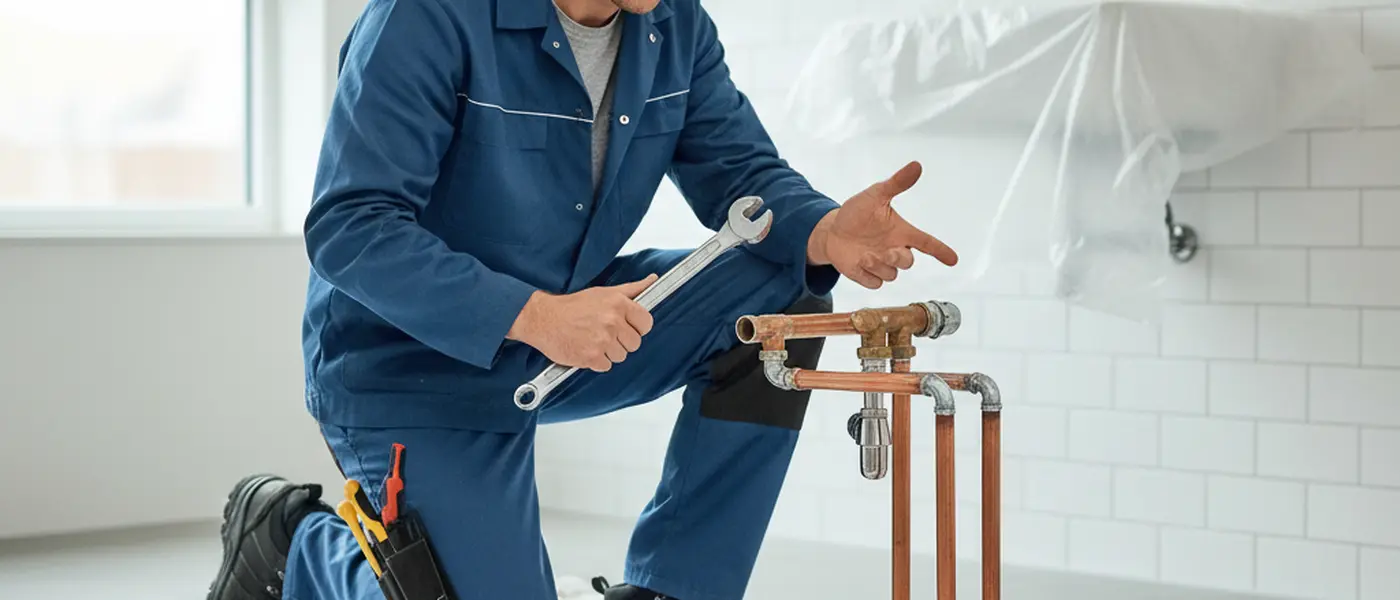 Klempner bei Rohrleitungsarbeiten während einer Badsanierung mit Kupferfittings und Werkzeug