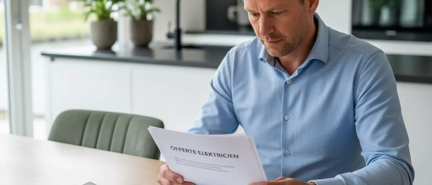 Huiseigenaar vergelijkt twee offertes van elektriciens aan de keukentafel met een rekenmachine