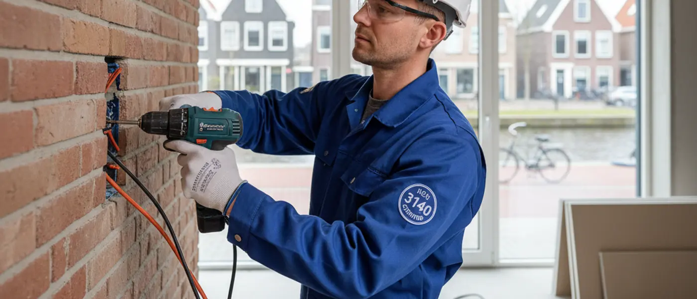 Elektricien in veiligheidskleding installeert bedrading in de muur van een Nederlandse woning