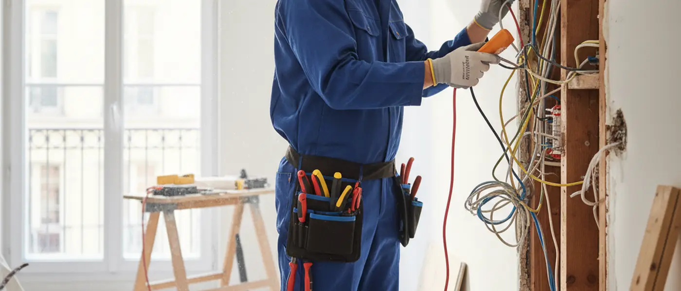 Artisan certifié inspectant une installation électrique dans un mur ouvert lors d'une rénovation de maison