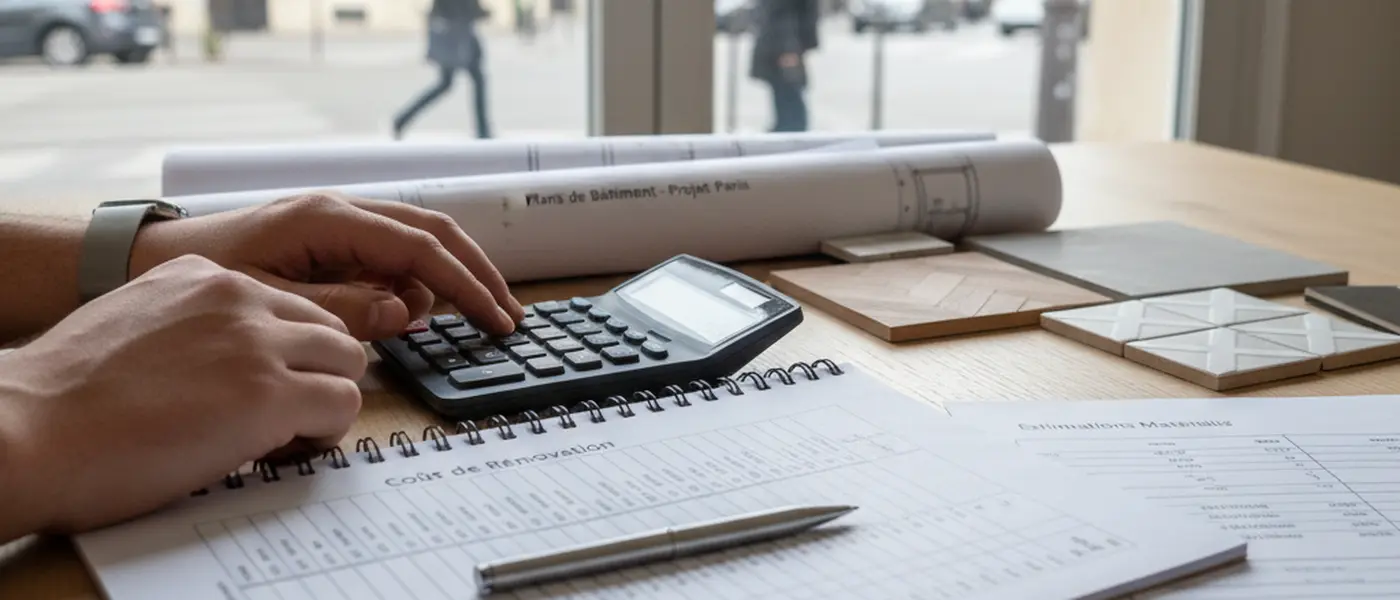 Documents de coûts de rénovation et calculatrice sur une table en bois avec des plans de construction