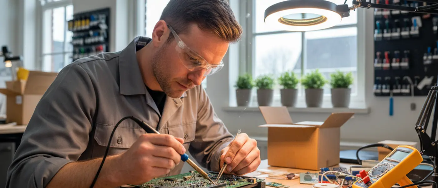 Technicus repareert een laptop moederbord met soldeergereedschap in een helder verlichte werkplaats